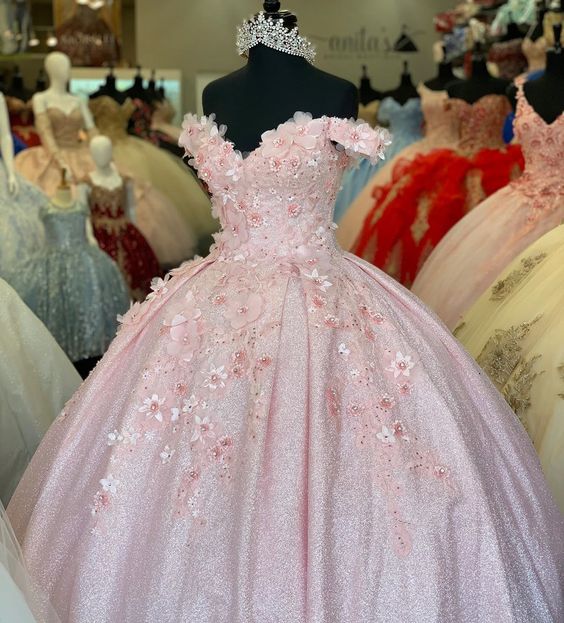 Tulle Princess Off Shoulder Long Formal Prom Dress, Long Strapless Pink Flower Appliqu¨¦S Evening Dress