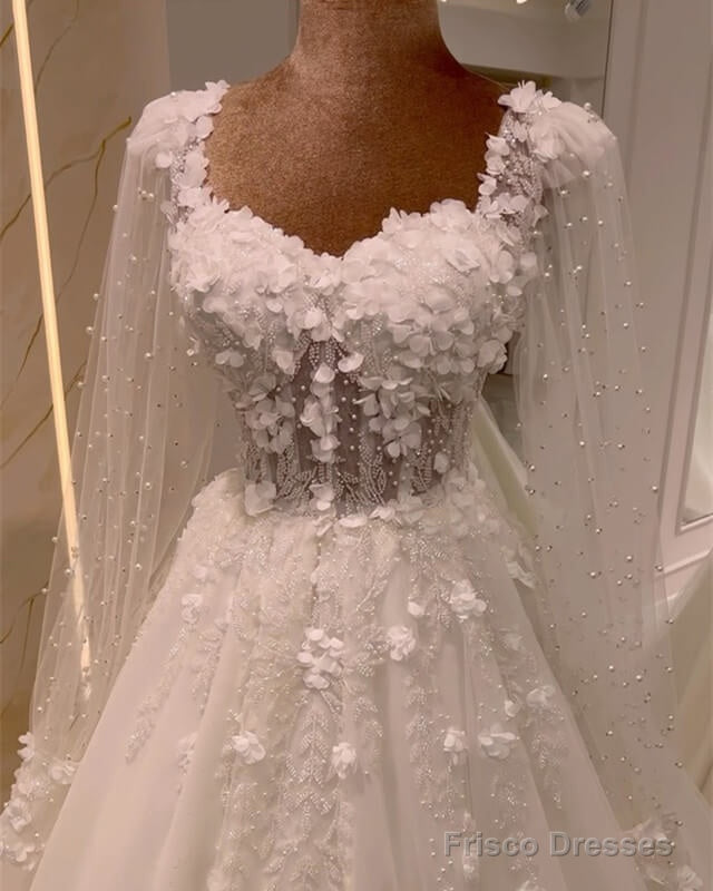 Tulle Princess Wedding Dresses Long Sleeve With 3D Flowers Main image