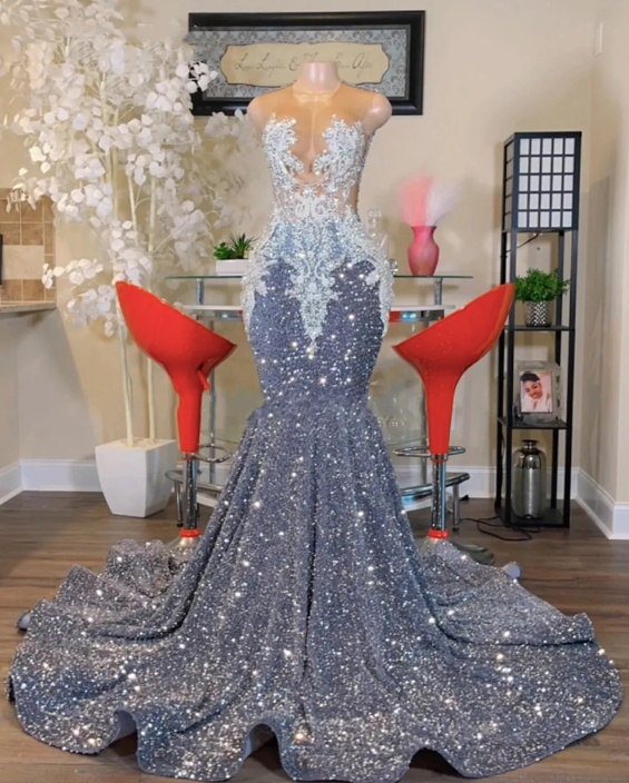 O Neck Silver Prom Dresses, Plus Size Prom Dresses, Sparkly Prom Dress Beaded Applique Prom Dresses Main image
