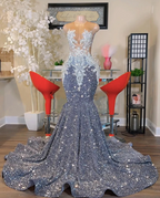 O Neck Silver Prom Dresses, Plus Size Prom Dresses, Sparkly Prom Dress Beaded Applique Prom Dresses