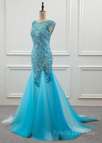 Tulle Scoop Mermaid Formal Dress With Beaded Lace Appliques