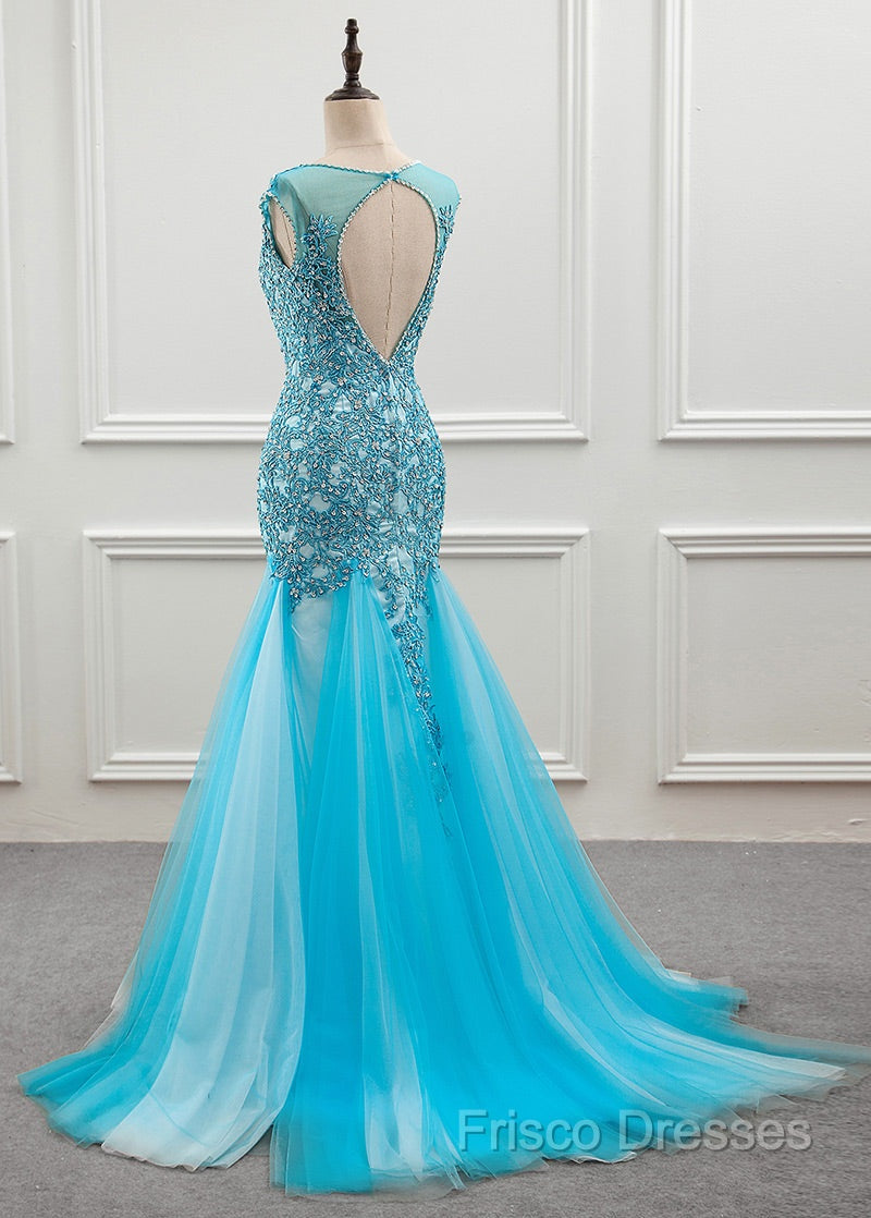 Tulle Scoop Mermaid Formal Dress With Beaded Lace Appliques