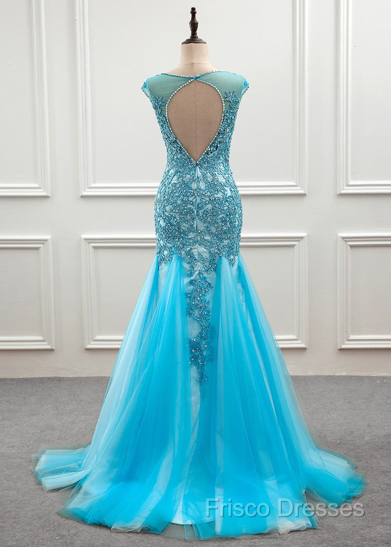 Tulle Scoop Mermaid Formal Dress With Beaded Lace Appliques