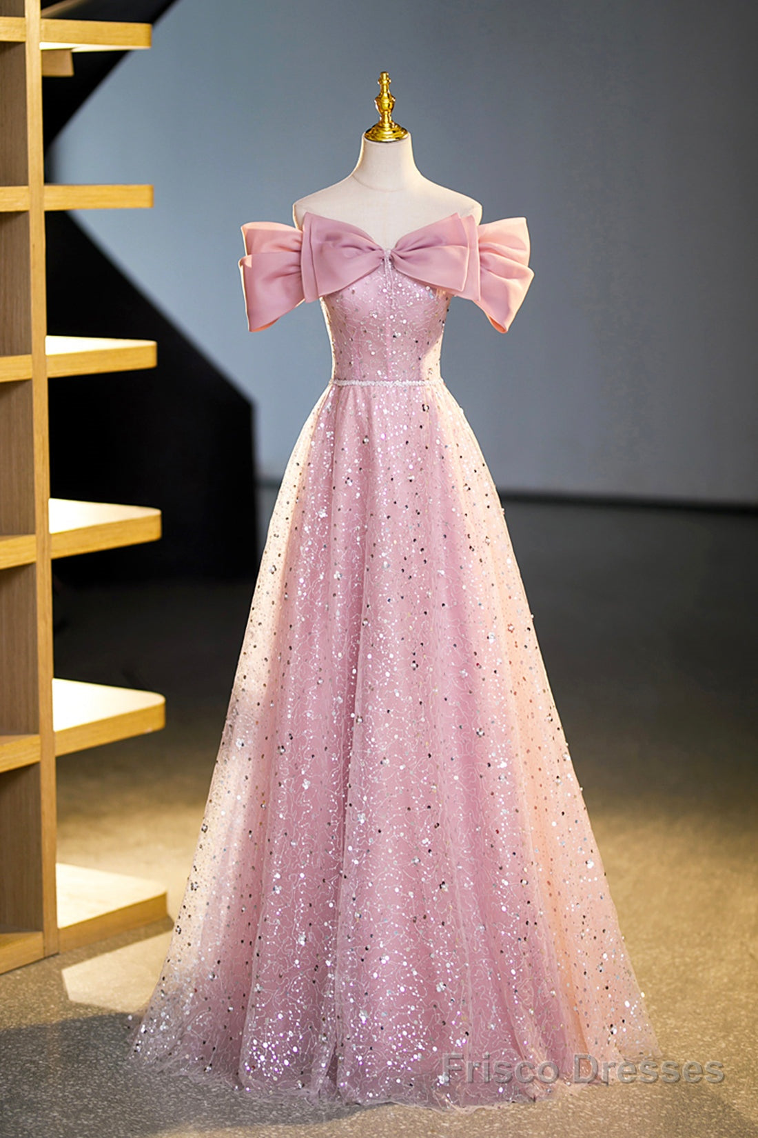 Tulle Sequins Long Prom Dress, Pink Off Shoulder Evening Dress Main image