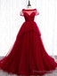 Tulle Short Sleeve Pleats Backless Burgundy Prom Dress