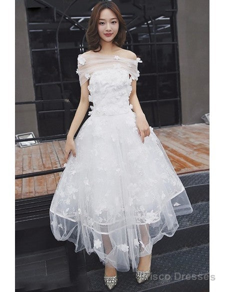 Tulle Tea Length Off The Shoulder Wedding Dress With Flowers Main image