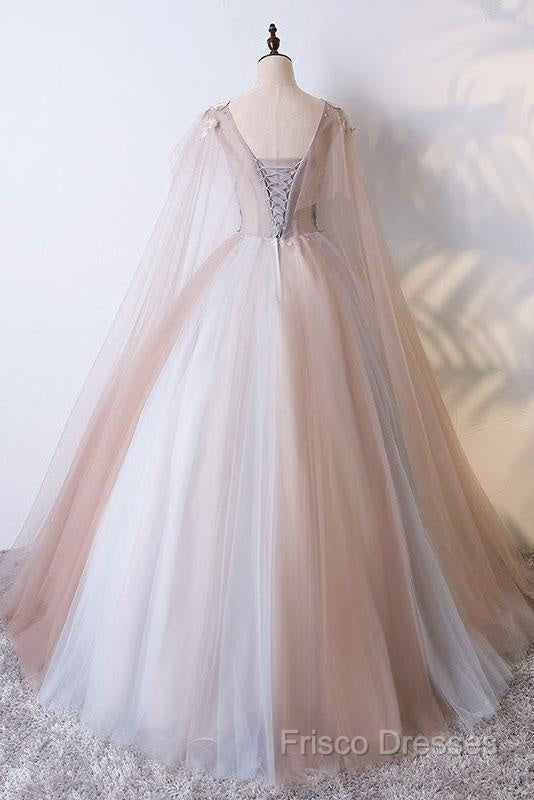 Tulle V Neck Appliques Champagne Long Sleeves Flower Formal Prom Dress Secondary image