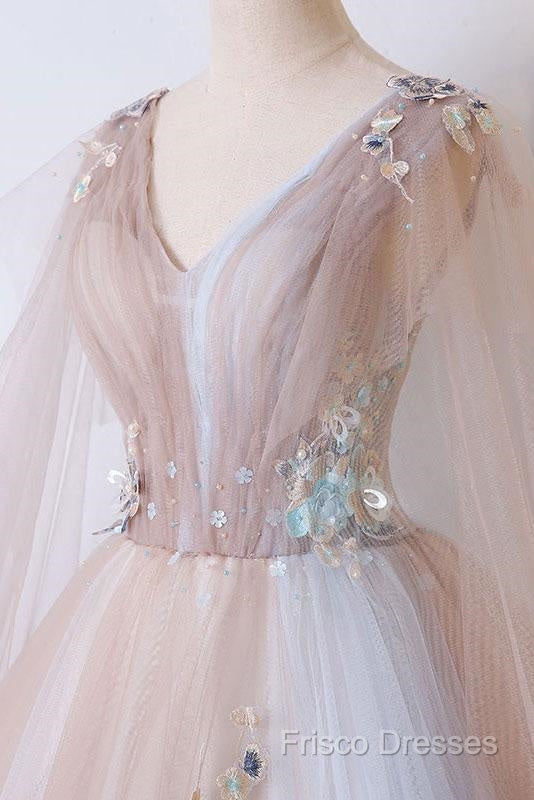 Tulle V Neck Appliques Champagne Long Sleeves Flower Formal Prom Dress