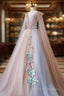 Tulle V Neck Appliques Champagne Long Sleeves Flower Formal Prom Dress