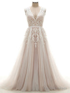 Tulle V-Neck Appliques Lace Wedding Dresses