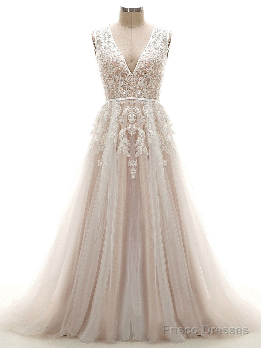 Tulle V-Neck Appliques Lace Wedding Dresses