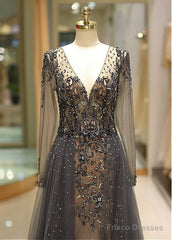 Tulle V-Neck Long Sleeve A-Line Evening Dress With Beadings