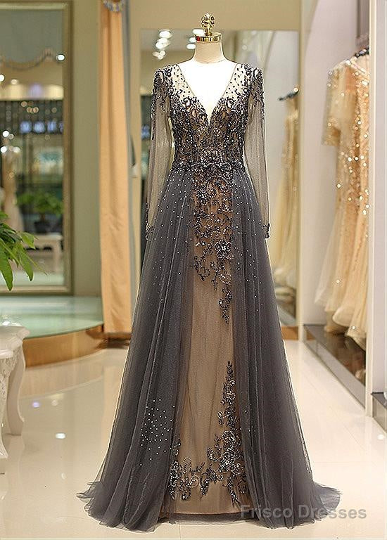 Tulle V-Neck Long Sleeve A-Line Evening Dress With Beadings Main image