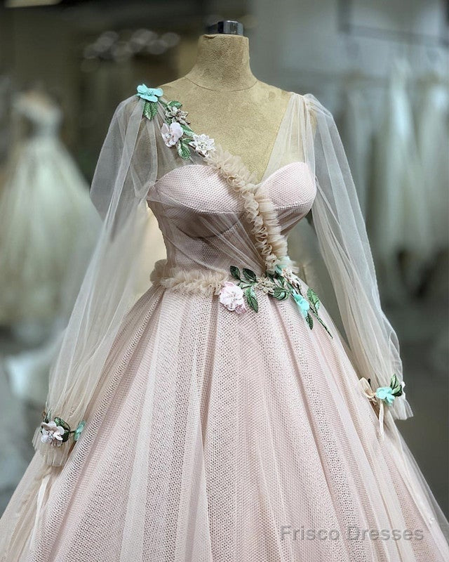 Tulle V Neck Long Sleeves Ball Gown With 3D Flowers