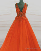 Tulle V Neck Orange Ball Gown Prom Dresses
