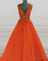 Tulle V Neck Orange Ball Gown Prom Dresses