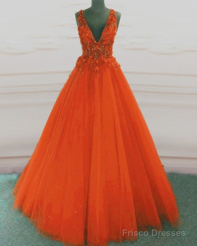 Tulle V Neck Orange Ball Gown Prom Dresses Main image