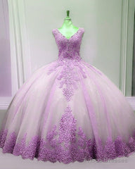 Tulle V Neck Quinceanera Dresses Lace Appliques Ball Gown