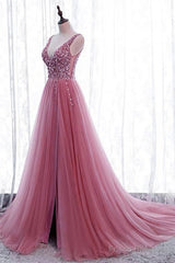 Tulle V Neck Sequins Beaded Dresses With Slit