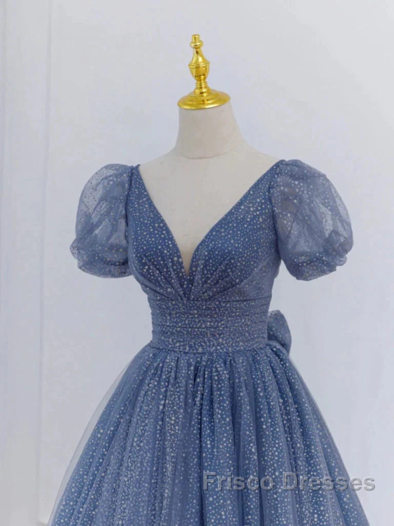 Tulle V Neck Short Sleeve Blue Sparkle Formal Prom Dress With Bow Secondary image