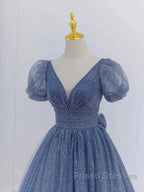 Tulle V Neck Short Sleeve Blue Sparkle Formal Prom Dress With Bow
