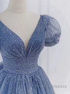 Tulle V Neck Short Sleeve Blue Sparkle Formal Prom Dress With Bow
