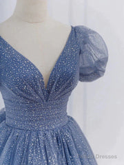 Tulle V Neck Short Sleeve Blue Sparkle Prom Dress With Bow