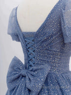 Tulle V Neck Short Sleeve Blue Sparkle Formal Prom Dress With Bow