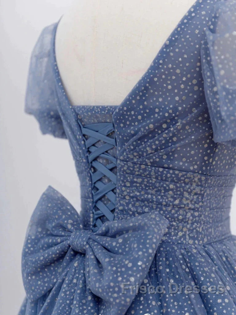 Tulle V Neck Short Sleeve Blue Sparkle Formal Prom Dress With Bow