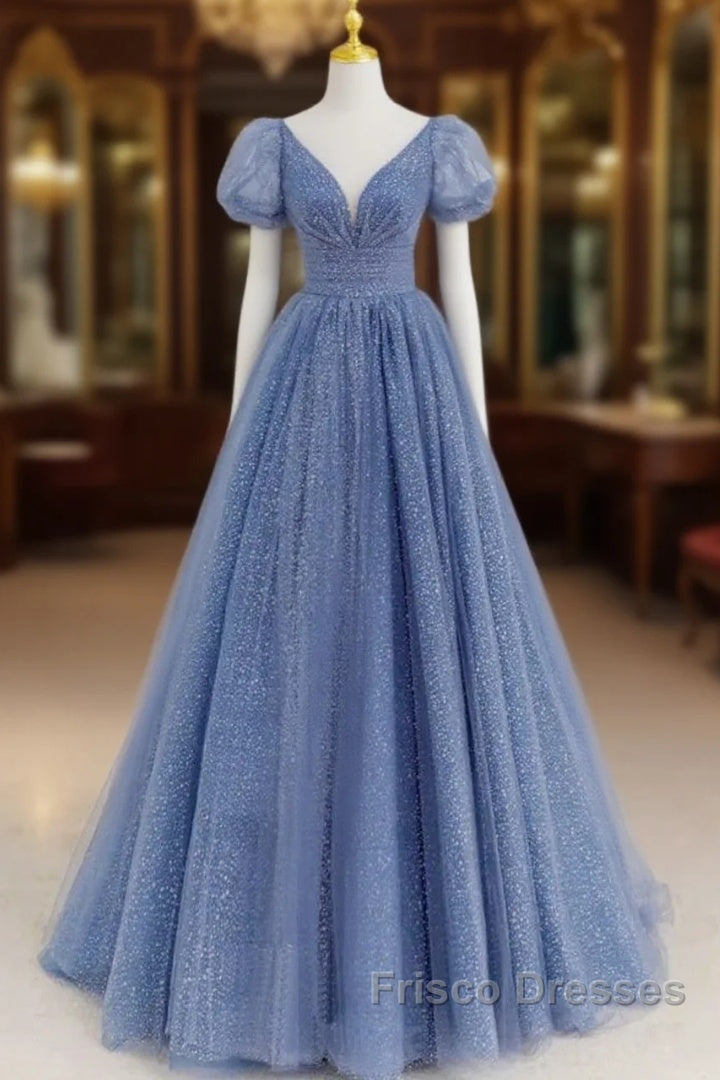 Tulle V Neck Short Sleeve Blue Sparkle Formal Prom Dress With Bow Main image