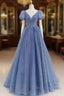 Tulle V Neck Short Sleeve Blue Sparkle Formal Prom Dress With Bow