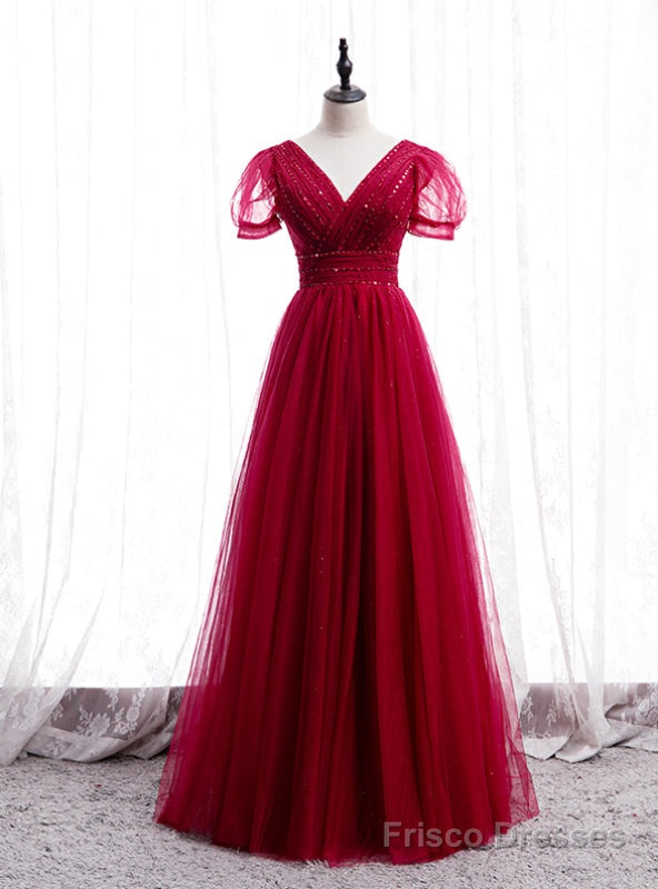 Tulle V-neck Short Sleeve Pleats Beading Sequins Prom Dress Main image