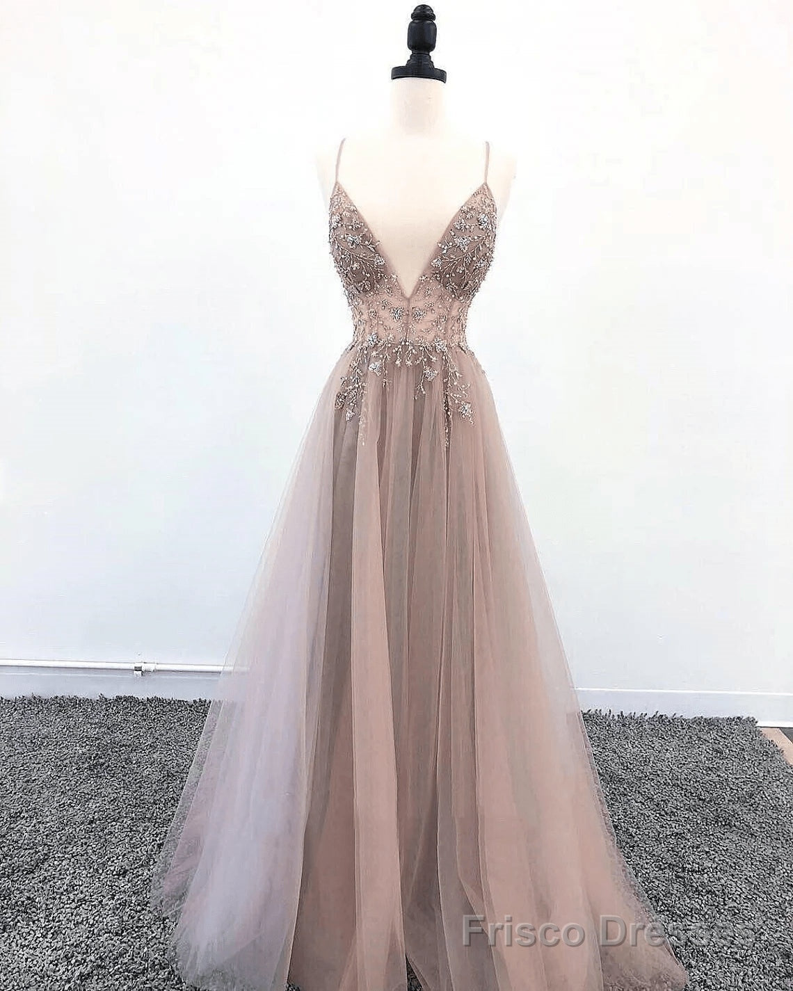 Tulle V-neckline Straps Beaded Low Back Long Formal Dress Tulle Prom Dress prom dresses shops Main image