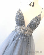 Tulle V-neckline Straps Beaded Low Back Long Formal Dress Tulle Prom Dress prom dresses shops