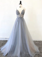 Tulle V-neckline Straps Beaded Low Back Long Formal Dress Tulle Prom Dress prom dresses shops