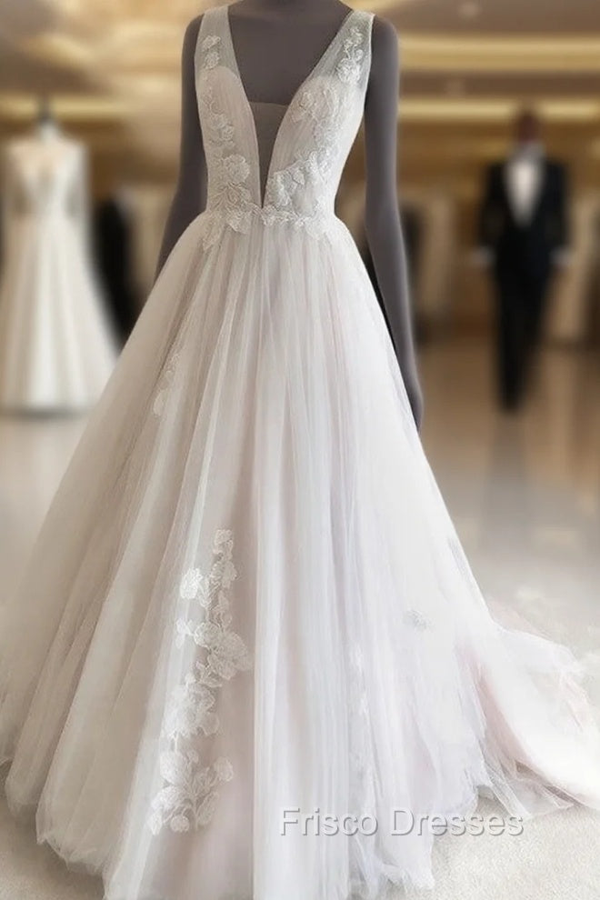 Tulle Wedding Dress Plunge Neck Appliques Main image