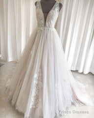 Tulle Wedding Dress Plunge Neck Appliques
