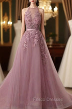 Tulle Wisteria Formal Prom Dress A-Line/Princess Scoop Neck Court Train With Appliqued