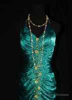 Turqoise Mermaid Halter Satin Beaded Long Prom Dress Retro V-Neck Rhinestone Evening Gown
