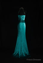 Turqoise Mermaid Halter Satin Beaded Long Prom Dress Retro V-Neck Rhinestone Evening Gown