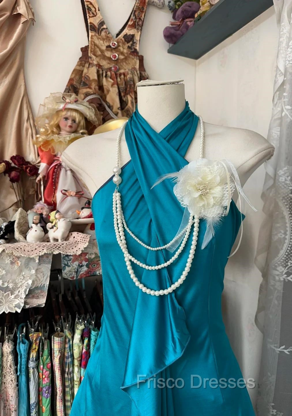 Turquoise A-Line Halter Satin Formal Prom Dress Sexy Sleeveless Party Dress Secondary image