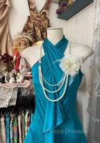 Turquoise A-Line Halter Satin Formal Prom Dress Sexy Sleeveless Party Dress