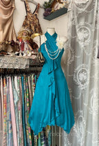 Turquoise A-Line Halter Satin Formal Prom Dress Sexy Sleeveless Party Dress