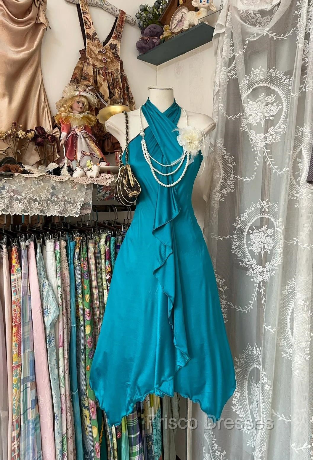 Turquoise A-Line Halter Satin Formal Prom Dress Sexy Sleeveless Party Dress