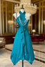 Turquoise A-Line Halter Satin Formal Prom Dress Sexy Sleeveless Party Dress