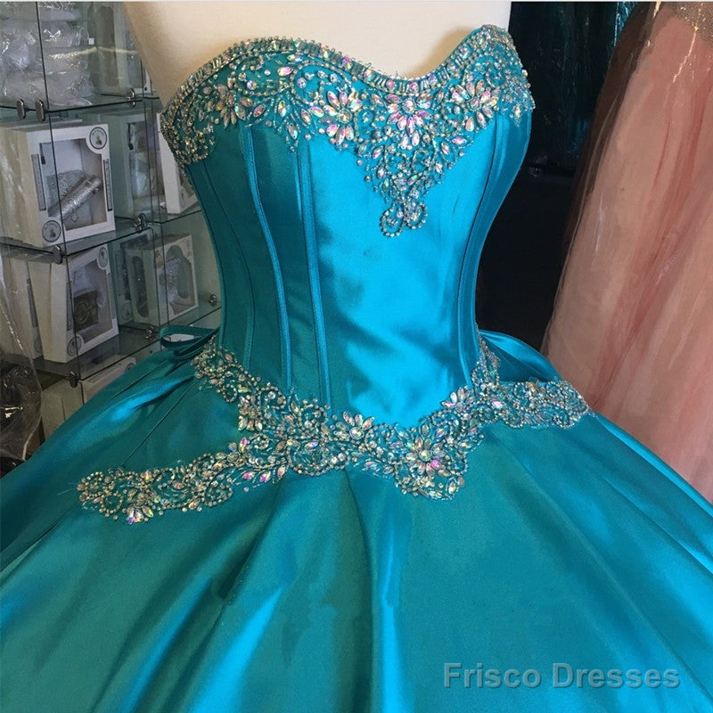 Turquoise Blue Satin Sweetheart Ball Gowns Quinceanera Dresses Crystal Beaded Secondary image