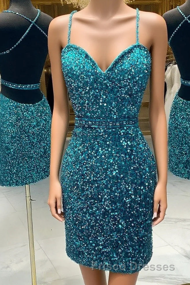 Turquoise Spaghetti Straps Sequins Homecoming Dress