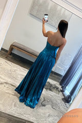 Turquoise Sweetheart Metallic Pleated Long Formal Dress With Slit