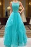 Turquoise Tulle Long Lace Formal Prom Dress, Ruffles Formal Dress