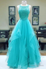 Turquoise Tulle Long Lace Prom Dress, Ruffles Evening Dress
